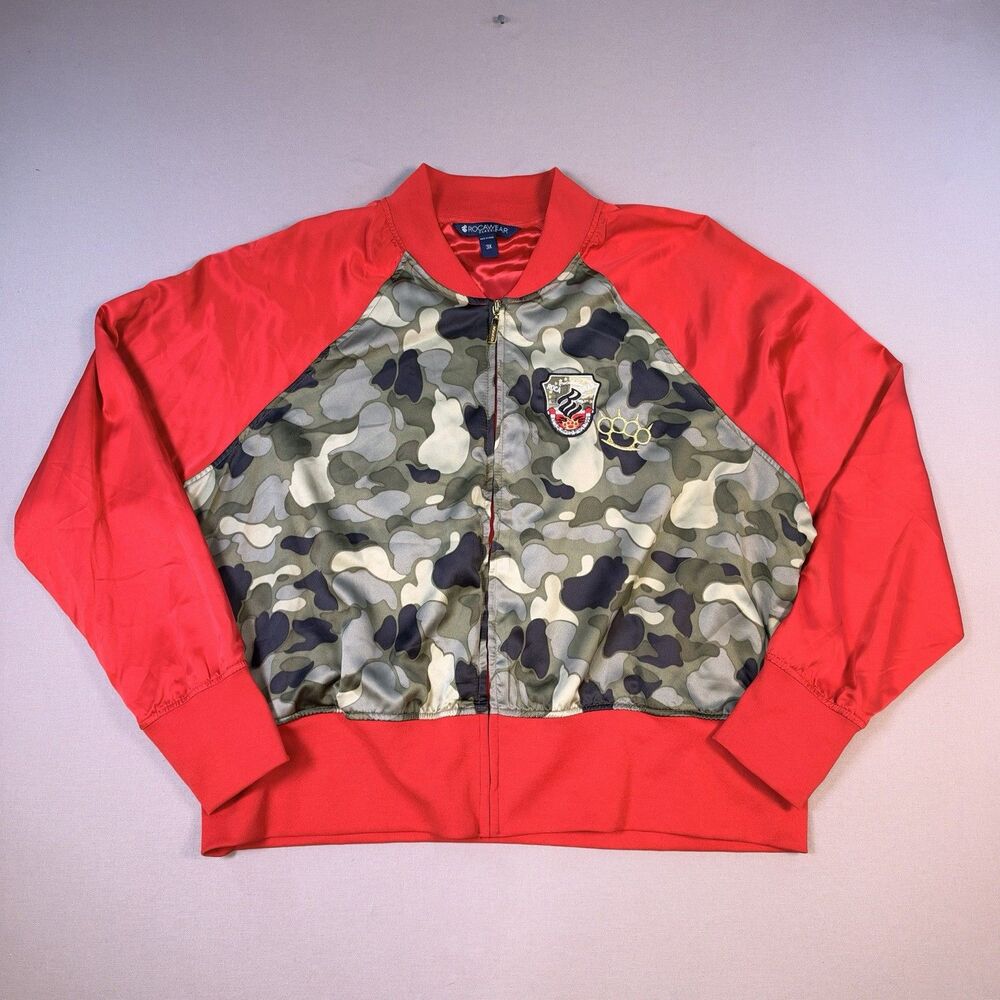 Y2K RocaWear Renegade Camo & Red Bomber Jacket Size 3X Embroidered Bedazzled